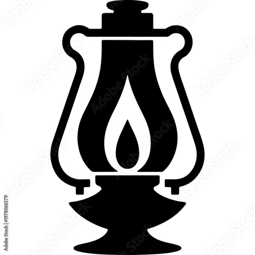 Vintage kerosene lamp vector icon, antique oil lantern silhouette with flame, black and white retro camping light graphic for logo design