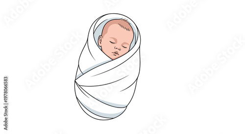 Peaceful newborn baby is shown sleeping soundly while snugly wrapped in a soft white cotton swaddle blanket against a clean white background.