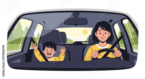 Happy mother drives a modern vehicle while her cheerful young son sits safely in his car seat, waving and enjoying the scenic road trip together.
