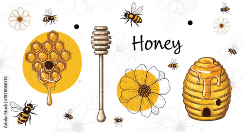 Detailed natural honey production elements include worker bees, blooming flowers, a wooden dipper, and a traditional beehive structure on a white backdrop.