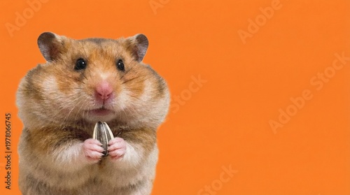 Cute hamster holding seed against vibrant orange background