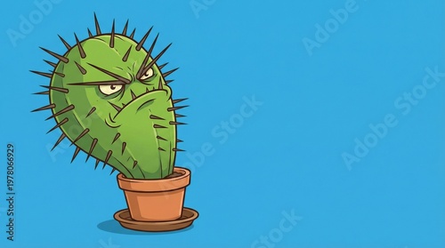 Cartoon angry cactus in pot on blue background