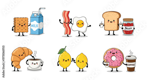 Adorable collection of breakfast food characters features smiling pairs of milk and cereal, bacon and eggs, and coffee with sweet donuts.