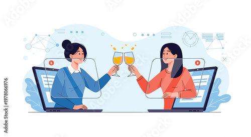 Two female friends celebrate a special occasion with a virtual toast using wine glasses through their laptops during a remote video call.