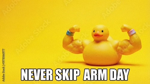 Rubber duck with muscular arms on vibrant yellow background