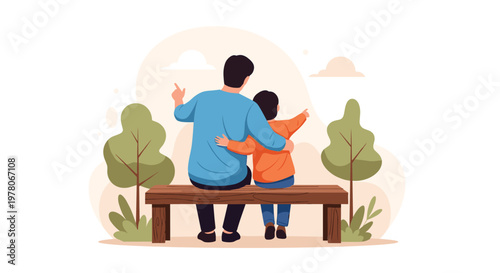 Caring father and his young son sit on a wooden park bench together while pointing at the beautiful horizon during a peaceful afternoon.