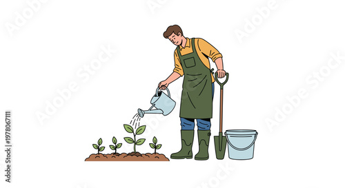 Dedicated male gardener waters a row of young vegetable plants in a garden bed using a watering can while holding a shovel for outdoor work.