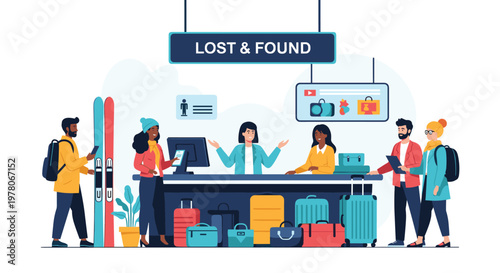 Travelers seek assistance at a busy airport lost and found counter where helpful staff members manage suitcases and various personal belongings.