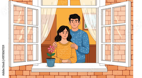 Happy young couple looks out from an open window of their brick apartment building while enjoying the fresh air and a small potted flower.