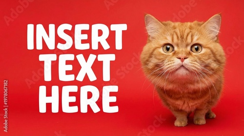 Cute ginger cat on red background with space for text