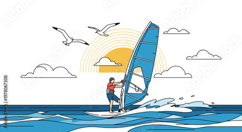 Active windsurfer maneuvers a blue sail across the ocean waves during a sunny afternoon with seagulls flying over the coastal landscape.