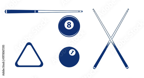 Billiards Game Elements: Pool Cues, Balls, and Rack on White Background