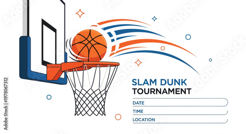 Basketball Slam Dunk Tournament Poster with Ball and Hoop