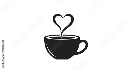 Black coffee cup with steam forming a heart shape, love for coffee concept
