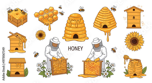 Collection of beekeeping illustrations features professional apiarists working with wooden hives, honeycombs, sunflowers, and many honeybees.