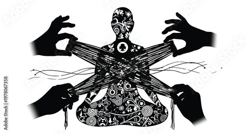 Figurative human silhouette controlled by unseen forces, symbolizing manipulation and destiny.