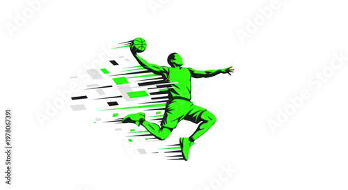 Dynamic Basketball Player Dunking with Motion Effect - Green Silhouette