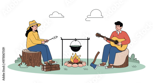 Young couple enjoys a relaxing camping trip in nature while sitting by a campfire roasting marshmallows and playing acoustic guitar.
