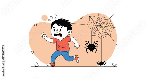 Young boy looking terrified while running away from large spiders hanging from a giant cobweb in a humorous cartoon illustration of fear.