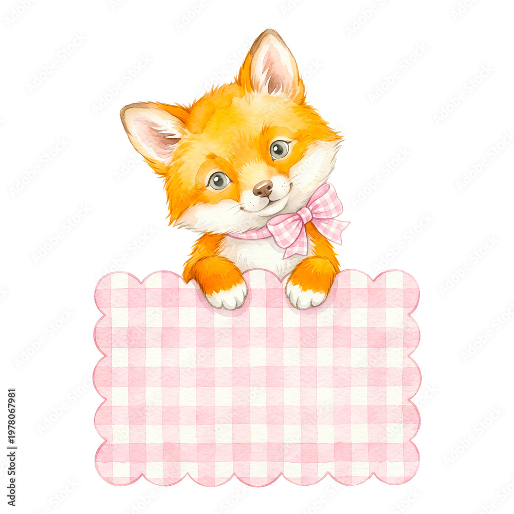 Fototapeta premium Watercolor fox with pink bow holding blank sign