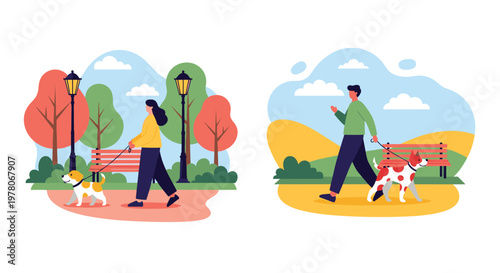 Different scenes showing a man and a woman walking their dogs on leashes through a beautiful public park with trees and park benches.