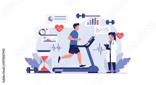 Male athlete running on a treadmill while a female doctor monitors his vital signs, heart rate, and performance data on digital charts.