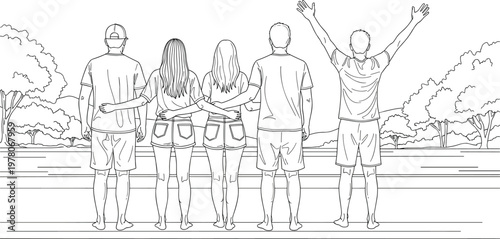 Group of friends standing together outdoors with arms around each other enjoying nature and celebrating friendship and togetherness moment