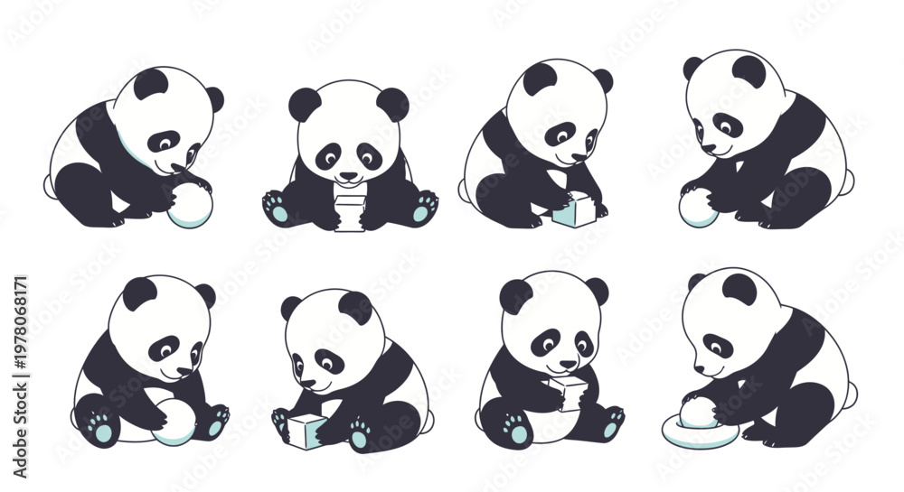Obraz premium Set of cute cartoon baby panda bears playing with various simple geometric shapes and small objects