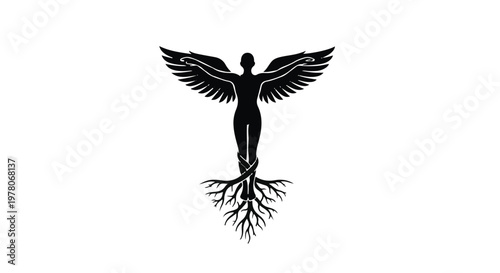 Symbol of human growth and spirituality with angelic wings and roots grounding the figure
