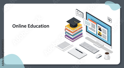 Modern online education concept featuring a computer monitor with digital lessons, a stack of books, and a graduation mortarboard cap.