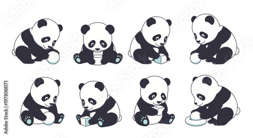 Set of cute cartoon baby panda bears playing with various simple geometric shapes and small objects