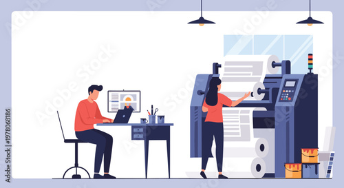 Industrial printing house scene with professional staff working on computers and operating a large modern offset printing machine.