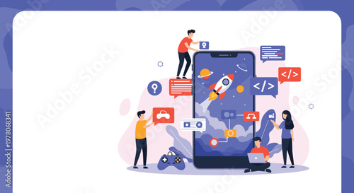 Diverse team of digital software developers and designers working together to build a mobile app on a giant smartphone screen.