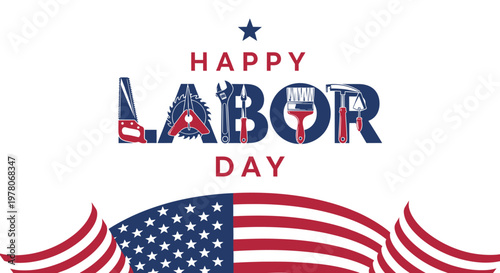 Happy labor day patriotic illustration with american flag and symbols