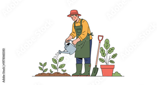 Professional gardener wearing an apron and hat carefully watering young vegetable plants in a garden using a light blue watering can.