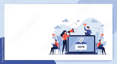 Modern online voting and digital democracy concept showing diverse people cast their votes using laptops and a virtual ballot box.