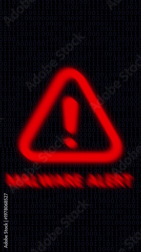 Malware alert warning sign with digital binary code background, cyber security concept, computer virus