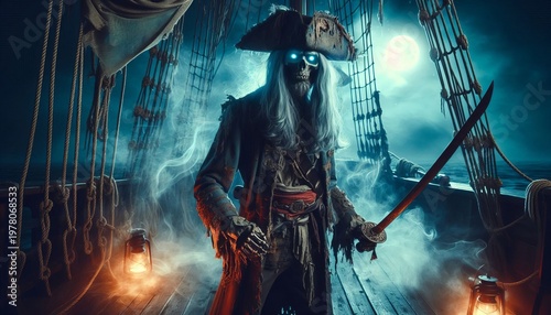 Zombie ghosts, pirates with swords, in the middle of the night on a ship