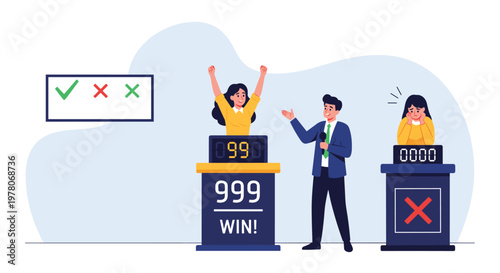 Exciting television quiz show scene with a charismatic host, a winning female contestant, and a disappointed losing player.