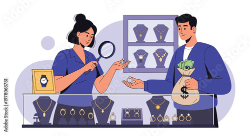 Wealthy man buying a diamond ring at a luxury jewelry store with a large bag of cash while a shop assistant uses a loupe.