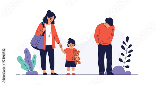 Sad family scene depicting the emotional impact of divorce or separation on parents and their young child holding a teddy bear.
