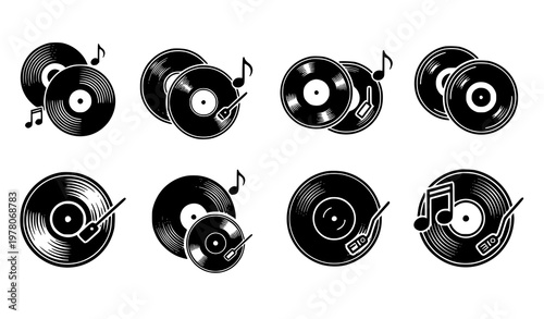 Vinyl record silhouette vector set DJ retro music icons