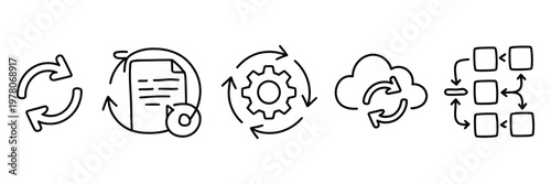 doodle workflow and automation icons, hand-drawn vector collection, including sync arrows, document flow, gear automation, cloud synchronization, process tracking, and productivity tools, modern tech 
