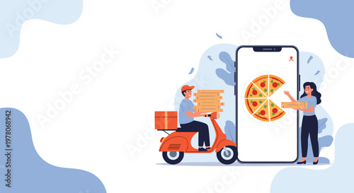 Online food delivery service concept showing a courier on a scooter delivering a pizza through a giant smartphone app.