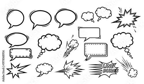 Manga comic bubbles vector set dialogue and explosion frames