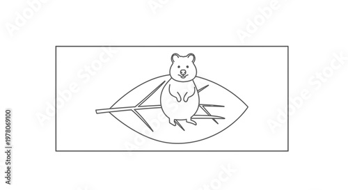 Cute Hamster Sitting on a Leaf - Black and White Line Drawing