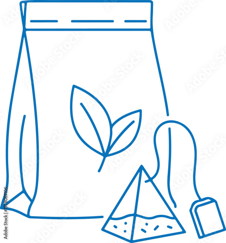 Bag of loose leaf tea with pyramid tea bag and green leaves, preparing healthy beverage