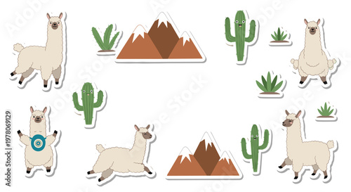 Fun collection of llama and alpaca character stickers featuring adorable animals, snow-capped mountains, and desert cacti plants.