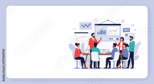 Professional business team having a productive meeting around a conference table in a modern office with presentation charts.