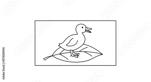 Cute Duckling Sitting on a Leaf - Black and White Line Art